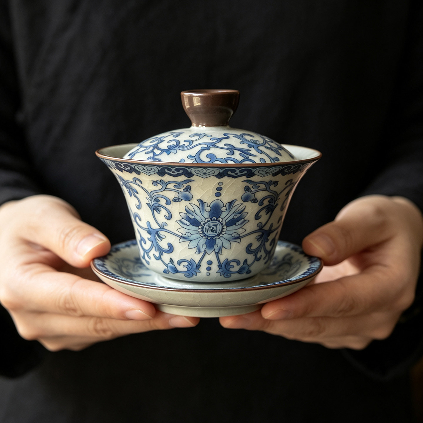 2026新款高端泡茶青花瓷汝窑三才悬停盖碗一人饮防烫茶具三件套