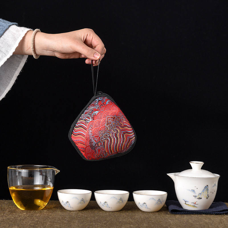 旅行茶具羊脂玉瓷户外快客杯一壶三杯便携带式收纳包礼品定制logo