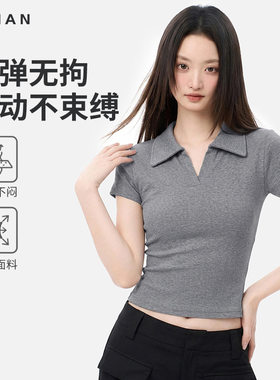夏季新款短袖T恤女显瘦海鸥领高弹透气v领休闲运动polo设计感上衣