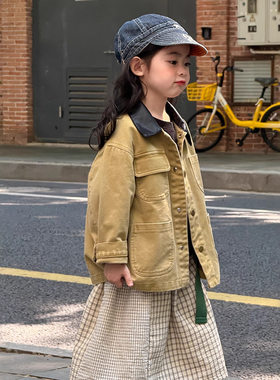 儿童拼皮洗褪外套2025秋装新款男女童可穿复古miu系中长款风衣