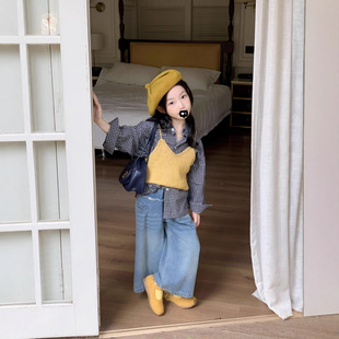 女童韩版秋季新款纯色背心格子衬衣2025百搭休闲宽松牛仔裤
