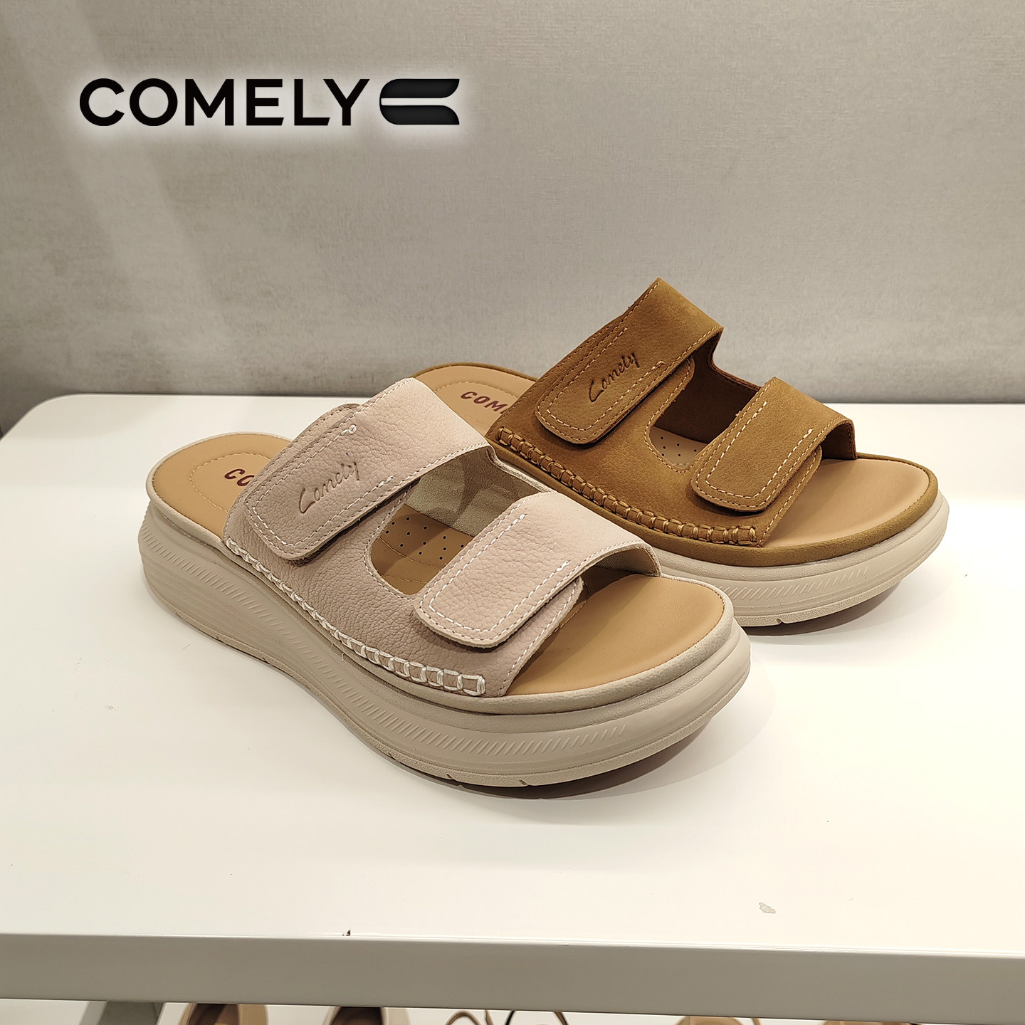 COMELY康莉2026厚底魔术贴拖鞋女外穿休闲勃肯鞋增高凉鞋KMD63331