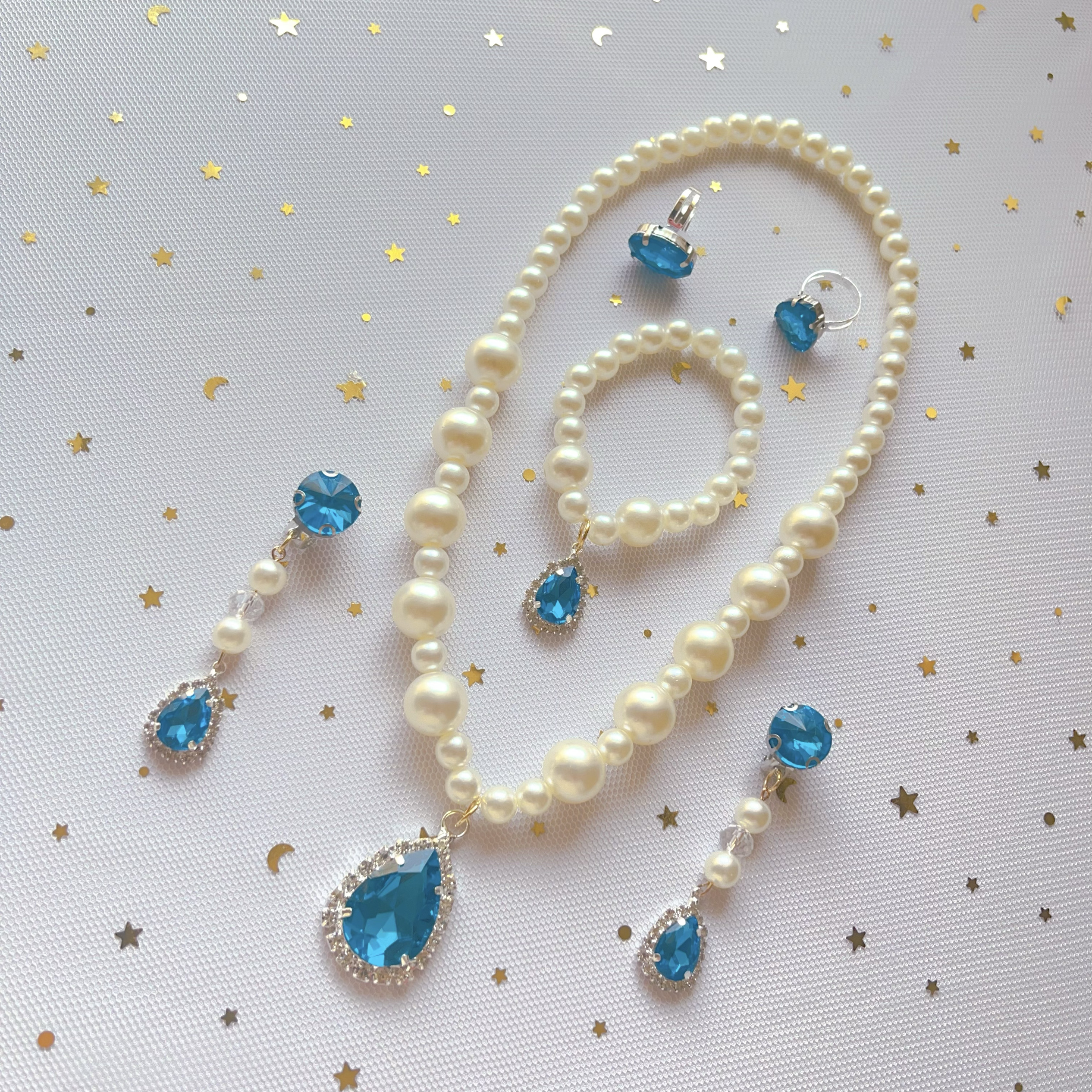 韩版新款儿童公主宝石耳夹冰雪仿珍珠项链套装女孩粉色项链手链