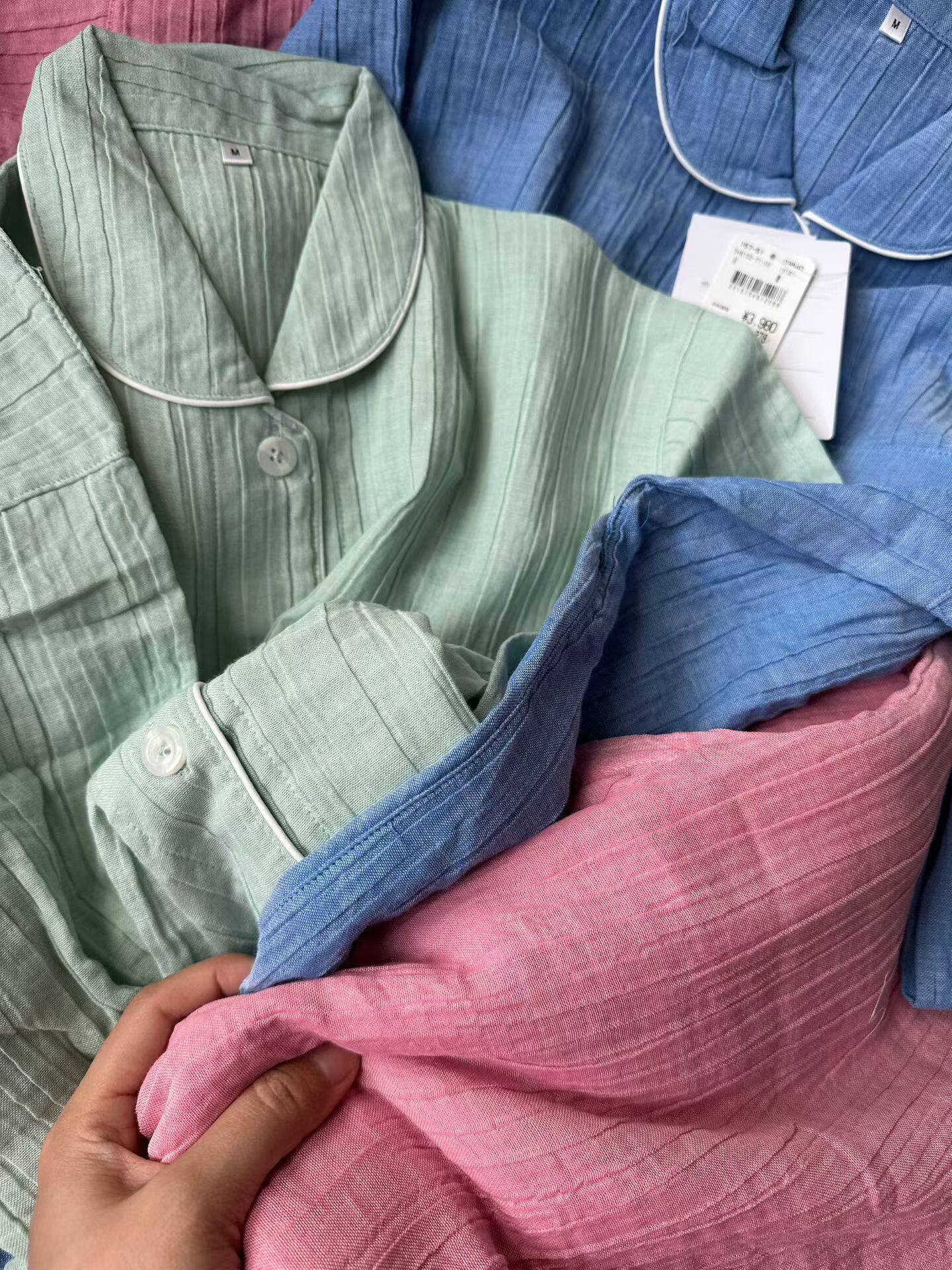 皱皱棉长袖长裤套装～出口日单全棉纱布睡衣家居服 纯色舒适透气