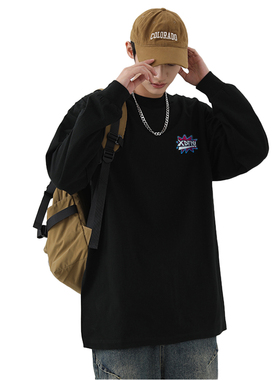 XDFM 美式爆炸小标立体刺绣螺纹袖圆领长袖T恤秋冬百搭打底衫上衣