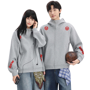 XDFM 美式笑脸字母图案重磅开衫拉链高帽卫衣vintage高街外套帽衫