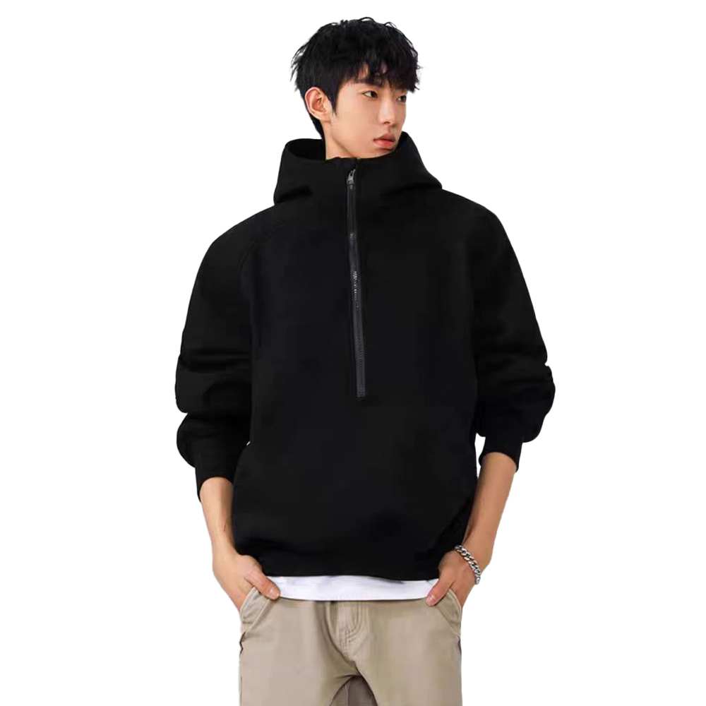 美式拼接半拉链小众套头连帽卫衣