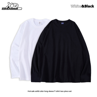 XDFM美式纯色230g纯棉长袖T恤重磅贴肤打底衫男女宽松透气百搭