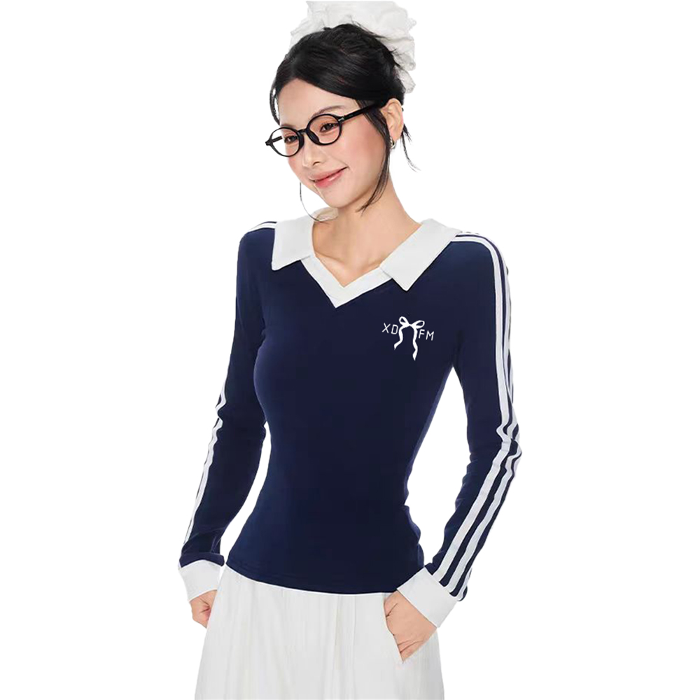 小蝴蝶结条纹袖拼接POLO领长袖T