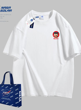 NASA SOLAR新款哪吒印花短袖女圆领上衣情侣同款重磅纯棉T恤男潮
