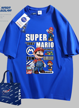 NASA SOLAR新款夏季卡通印花重磅短袖纯棉t恤男宽松百搭T恤休闲潮