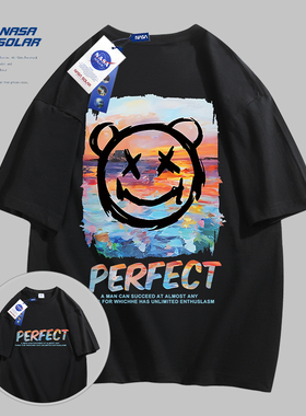 NASA SOLAR联名款夏季卡通熊印花短袖重磅短袖男宽松纯棉T恤休闲