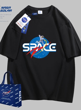 NASA SOLAR联名款2026夏季情侣纯棉男女同款宽松上衣圆领短袖T恤