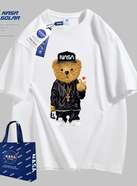 NASA SOLAR联名款夏季新款卡通小熊印花男女同款纯棉短袖情侣T恤