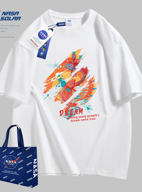 NASA SOLAR官方2026夏季情侣纯棉潮牌圆领短袖T恤锦鲤宽松上衣男