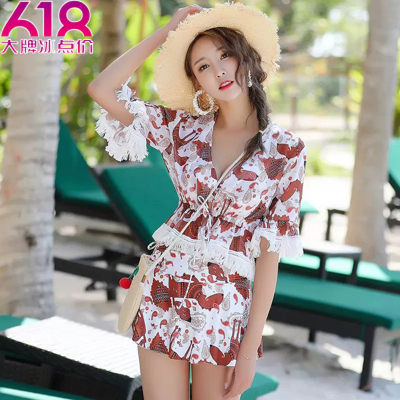 Mới chia áo tắm nữ từ vai tam giác thép tấm thu eo cao che bụng thon màu hồng thời trang hai mảnh - Bộ đồ bơi hai mảnh