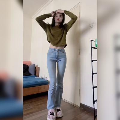 复古高腰显瘦牛仔喇叭拖地裤