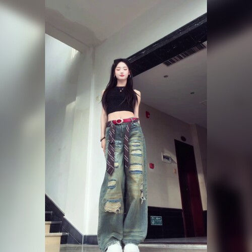 自然风格烫钻阔腿百搭牛仔裤女