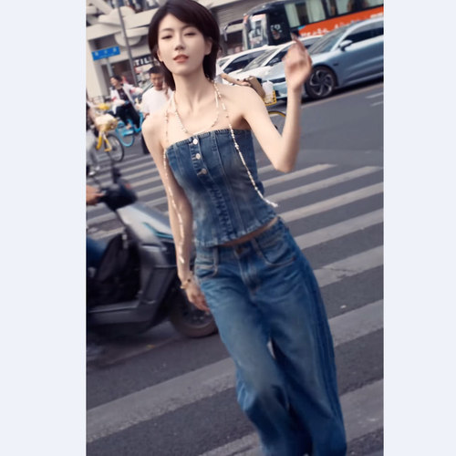 西部牛仔风抹胸阔腿裤套装女显瘦辣妹低腰牛仔长裤两件套