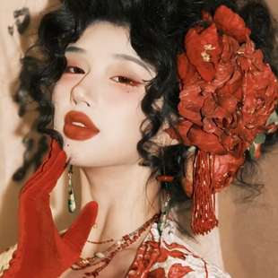 彼岸花金边流苏牡丹仿真焦边枯叶之花齐胸唐风绢花发夹红色花朵夹