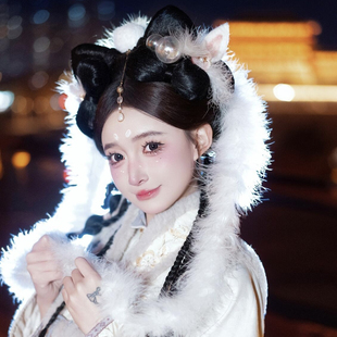 新款嫦娥发饰古装仙气毛绒头饰古风汉服白羽毛条毛球玉兔精配饰品
