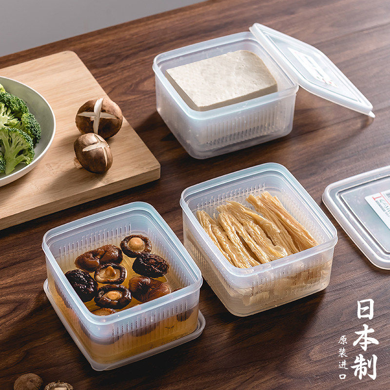 日本进口蔬菜保鲜盒豆腐专用冰箱收纳盒葱姜蒜沥水神器厨房备菜盒