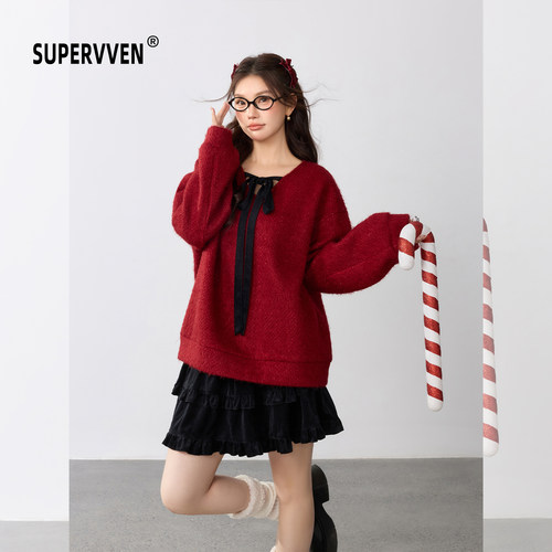 超级文 莺吟燕舞蝴蝶结系带金线细闪针织衫/芹泥雨润芭蕾蛋糕短裙