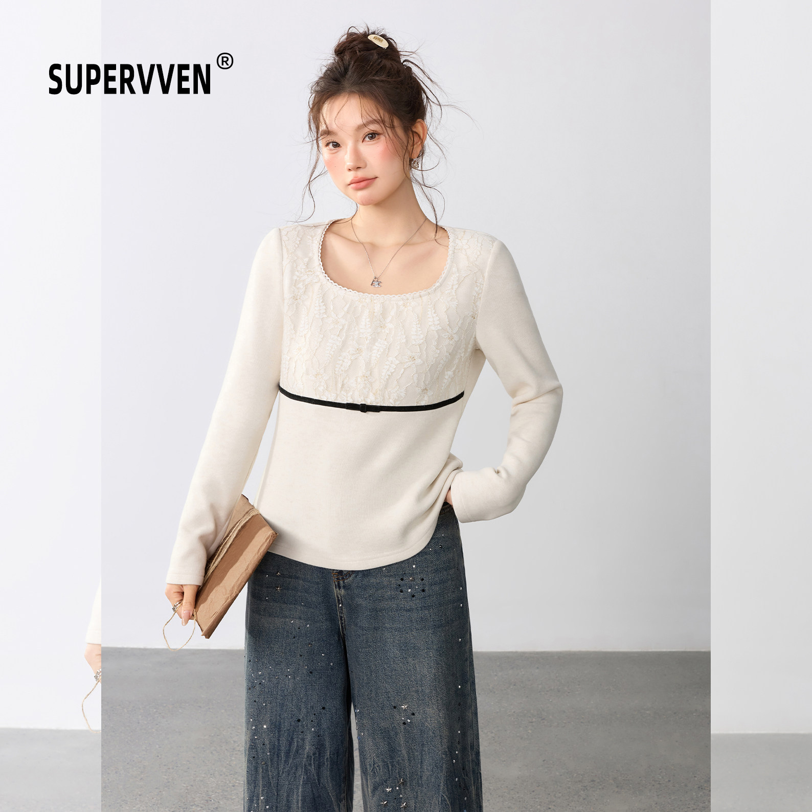 超级文 日光斜照蕾丝拼接撞色蝴蝶结加绒羊毛针织衫女微胖大码,女装/女士精品,毛针织衫,淘宝优惠券,粉丝福利购,淘宝优惠卷