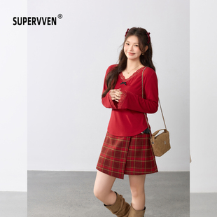 女微胖大码 v领针织衫 空山新雨气质蕾丝花边撞色蝴蝶长袖 超级文