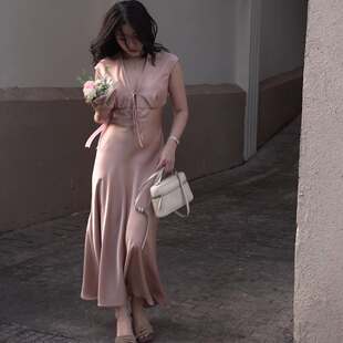 6A30姆米100%桑蚕丝重磅浅粉色宽肩包袖 优雅连衣裙