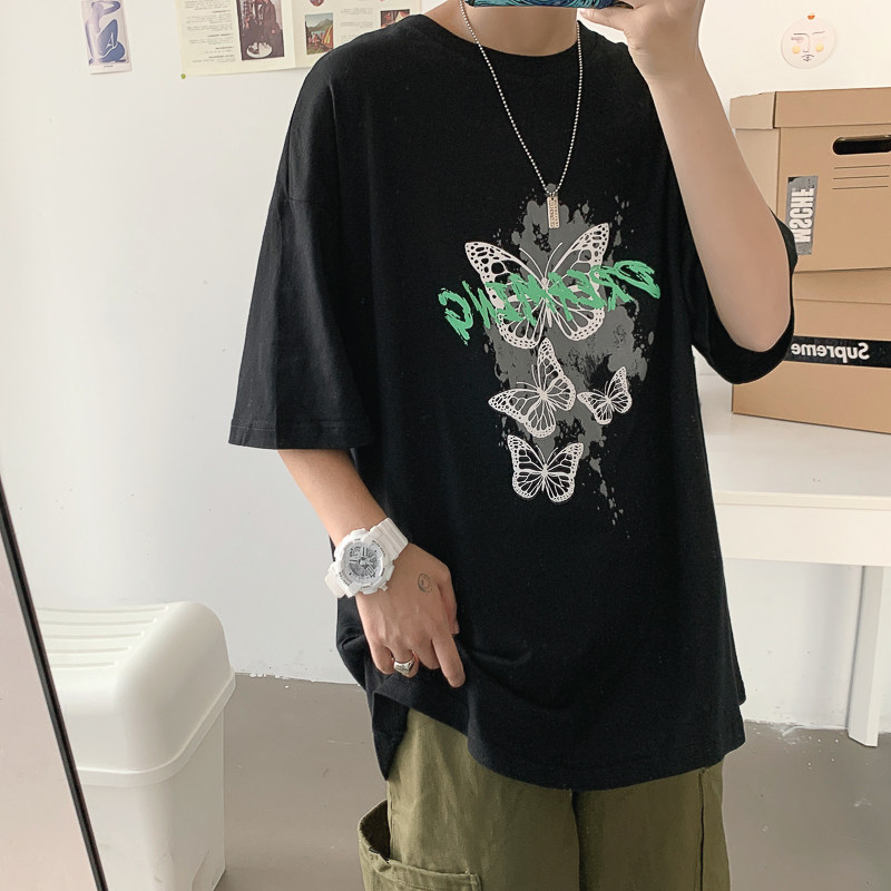 夏季男新款蝴蝶印花百搭纯棉休闲T恤图片