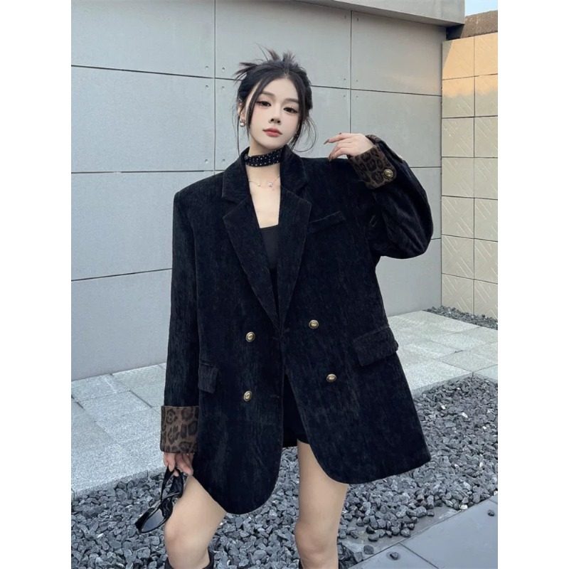 黑色雪尼尔西装外套女冬加棉加厚气质名媛高级感轻奢拼接毛毛西服