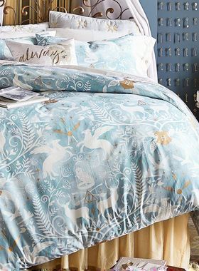 复古新款哈利波特蓝色秘密森林纯棉贡缎枕套床单床笠四件套定制