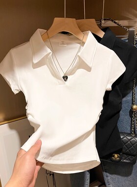 白色polo领正肩短袖t恤女夏2026新款纯棉褶皱收腰小众设计感上衣
