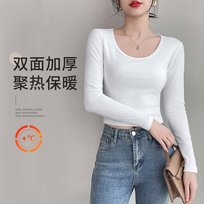 白色圆领长袖T恤短款加厚上衣