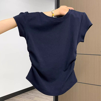藏蓝色圆领正肩短袖女褶皱上衣