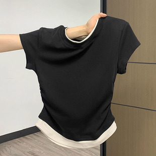 短上衣 褶皱收腰修身 假两件黑白撞色圆领短袖 女正肩t恤夏2025新款