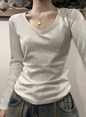 灰色V领纯棉打底衫女2025秋冬季新款内搭长袖t恤修身基础款黑上衣