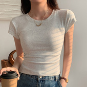 显瘦抽褶设计感收腰上衣修身 夏纯棉小飞袖 女t恤2026新款 正肩短袖