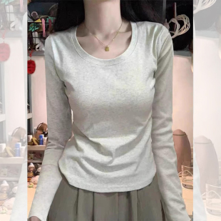 t恤修身 灰色圆领打底衫 长袖 春秋冬季 百搭洋气上衣 女内搭2025新款