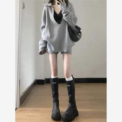 秋冬季灰色针织毛衣套装