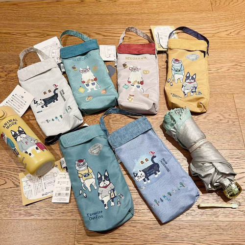 日单kusuguru数码印花猫咪法斗雨伞套手提水杯套便携手拎收纳袋