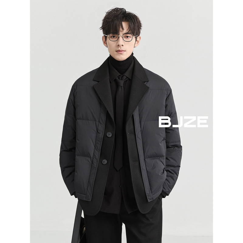 BJZE男装冬季新款高级设计感假两件西装领羽绒服短款鸭绒保暖外套