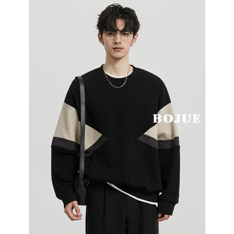 高级感加厚撞色卫衣男圆领套头23秋冬季新款宽松潮流韩版无帽上衣