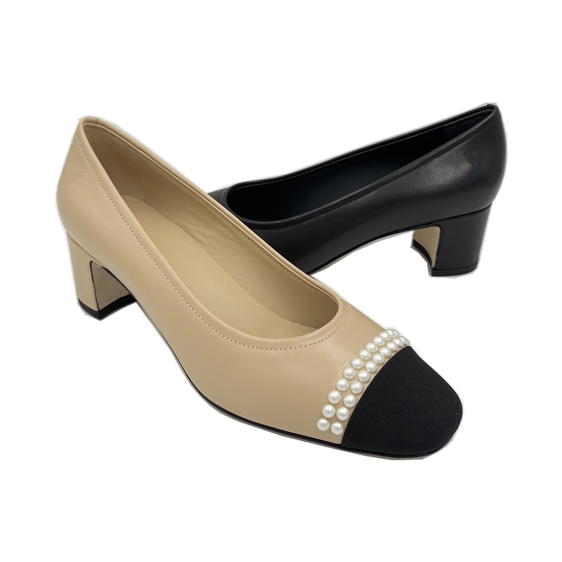 欧洲站中跟圆头真皮粗跟拼色单鞋