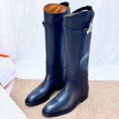 欧洲站真皮圆头低跟高筒靴欧美粗跟H骑士靴外贸kelly金属扣长筒靴