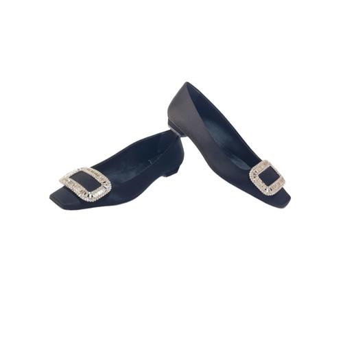 新款欧洲站绸缎低跟女鞋RV方头方扣水钻单鞋银扣浅口气质金属百搭