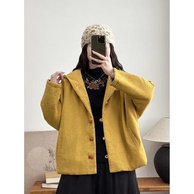 秋冬亚麻棉服彩扣连帽棉衣外套女士上衣