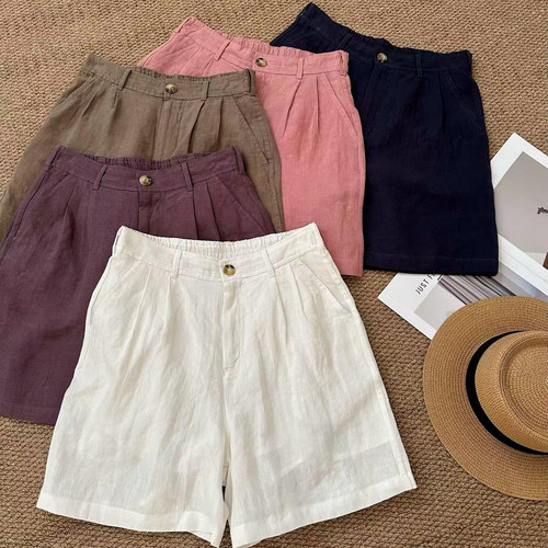 精品100%砂洗汉麻短裤女宽松休闲夏季新款显瘦百搭
