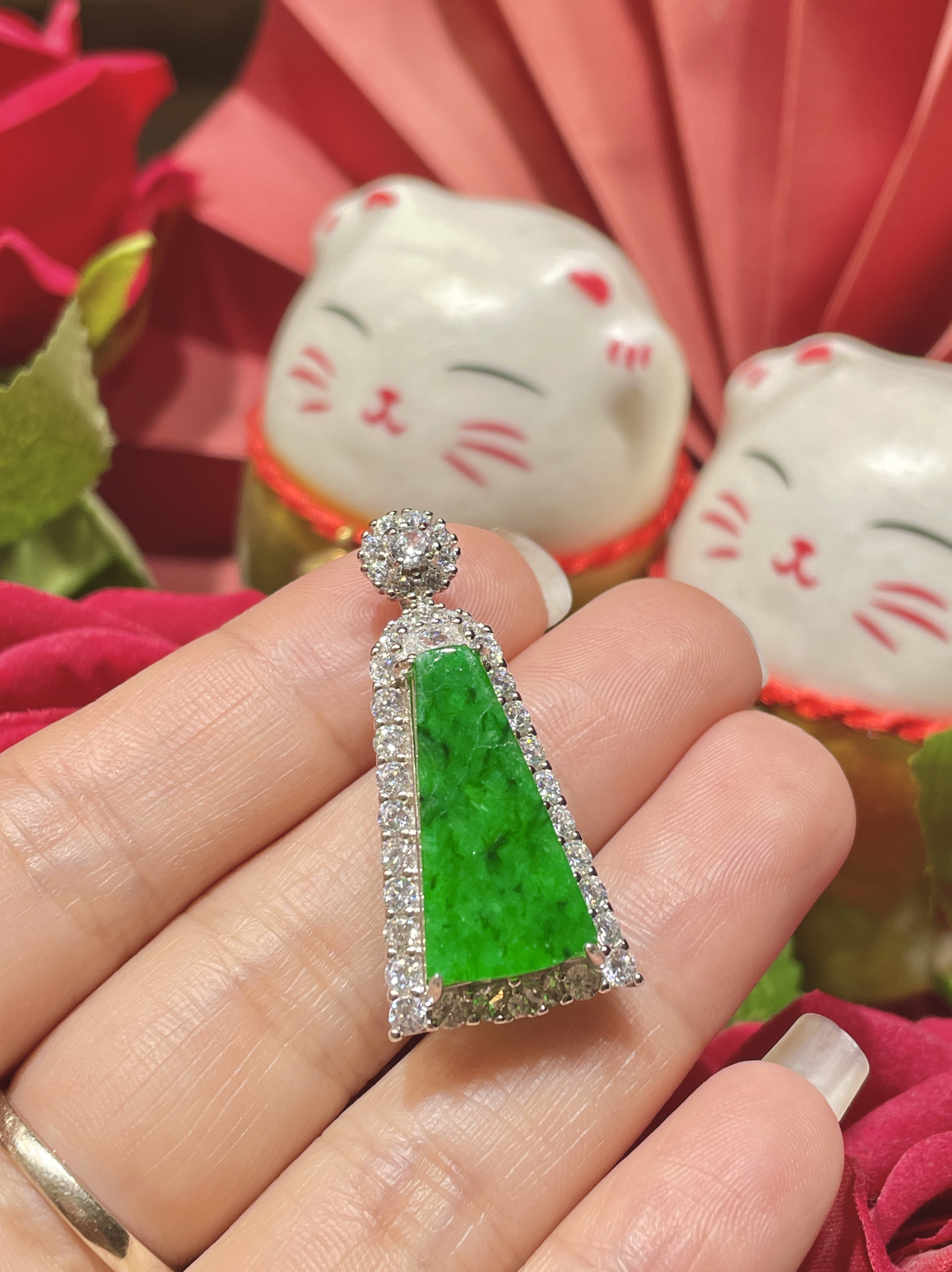 缅甸天然翡翠A货正品 冰种阳绿无事牌吊坠S925银镶嵌时尚百搭款